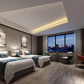 Modern Hotel Guest Room With Twin Beds Large Window City View And Decorative Paintings