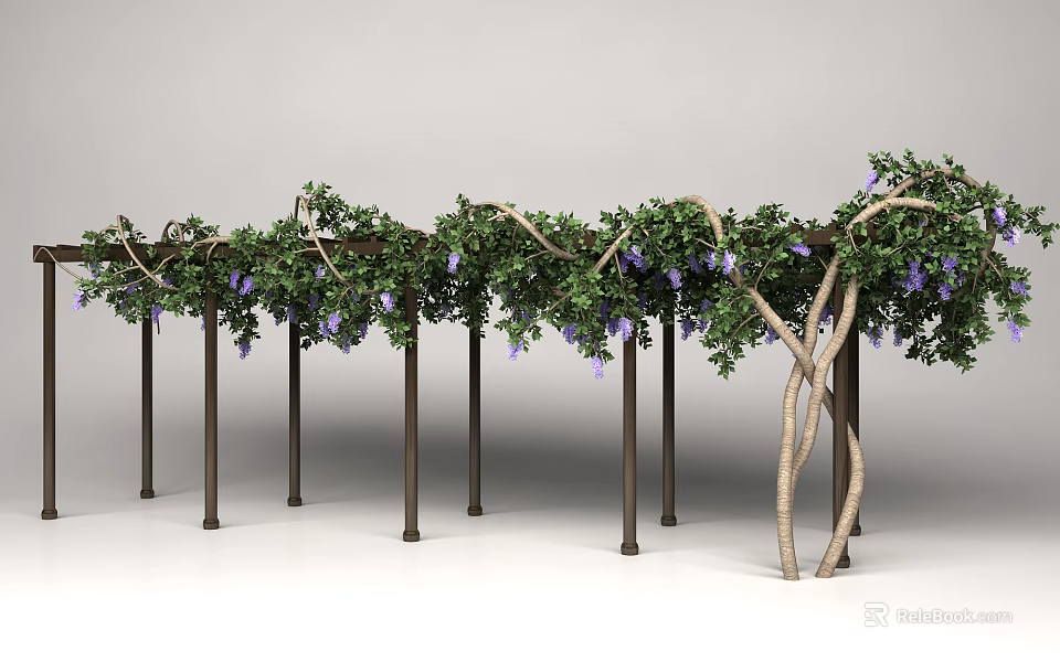 Outdoor Pergola With Lush Green Vines Purple Flowers And Metal Supports 3d model 