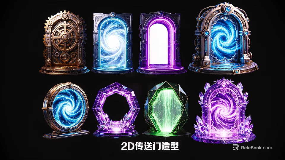 2D Portal Archway Designs With Glowing Swirls Crystal Elements And Gear Details 3d model 