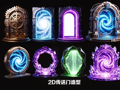 2D Portal Archway Designs With Glowing Swirls Crystal Elements And Gear Details 3d model