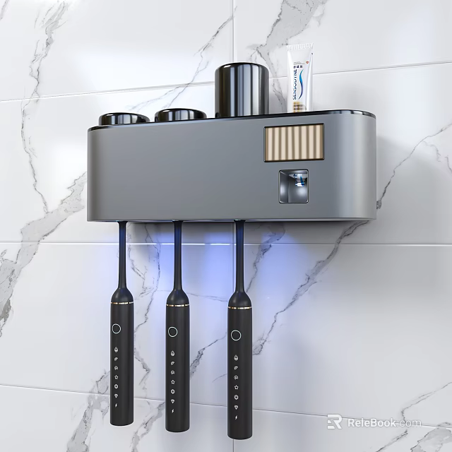 Sleek Modern Bathroom Wall Cabinet With Toothbrush Holder Blue Light And Marble Wall 3d model 