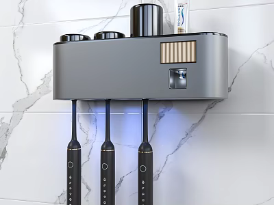 Sleek Modern Bathroom Wall Cabinet With Toothbrush Holder Blue Light And Marble Wall 3d model