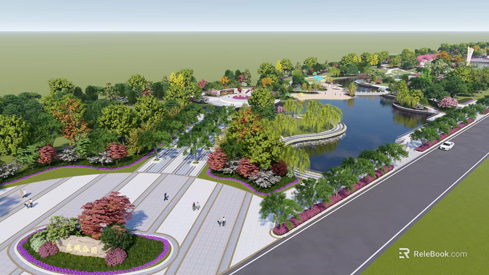 Scenic Park Landscape With Lake Lush Trees Walking Paths Colorful Flowers And Green Lawns 3d model 