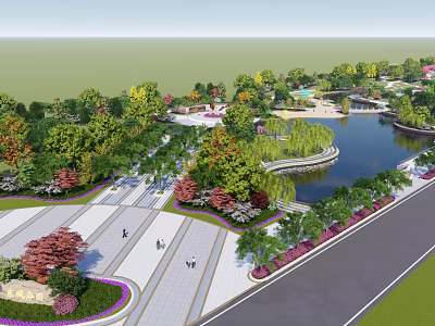 Scenic Park Landscape With Lake Lush Trees Walking Paths Colorful Flowers And Green Lawns 3d model