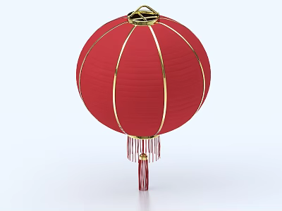 Traditional Chinese Red Lantern Featuring Round Shape Golden Accents And Hanging Tassels 3d model