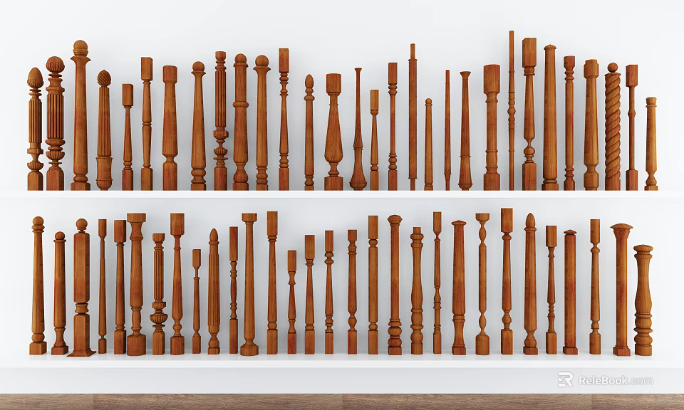 Wooden Staircase Balusters With Various Designs And Sizes On 3d model