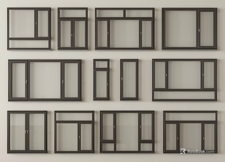 Casement Windows Various Design Styles With Black Frames And Transparent Glass Panels 3d model