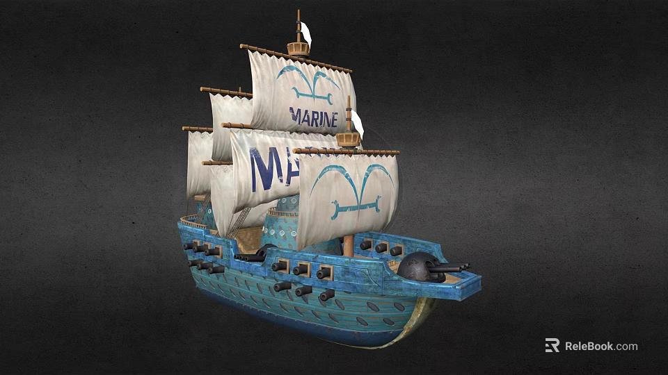 Sailing Ship With Blue Hull White Sails And Marine Lettering 3d model 