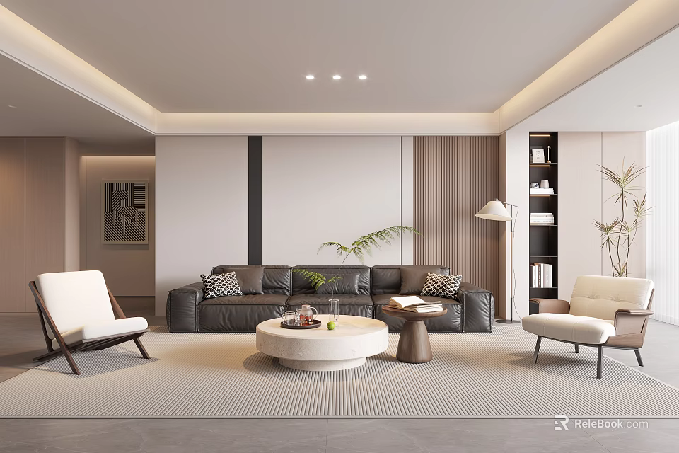 Minimalist Modern Living Room With Black Sofa White Armchair Round Coffee Table And Green Plant 3d model 