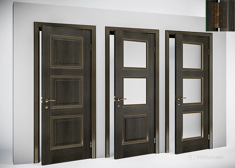 Modern Dark Wooden Hinged Doors With Glass Panels And Metal Handles 3d model 