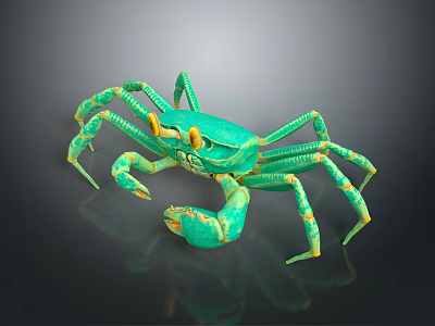 Detailed 3D Rendered Green Crab With Yellow Eyes And Reflection On Dark Background 3d model