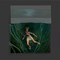 Underwater Game Movie Character with Green Long Hair Flower Crown Light Dress and Seaweed Bubbles