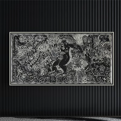 Black and White Abstract Painting With Intricate Lines And Patterns On Vertical Striped Wall 3d model