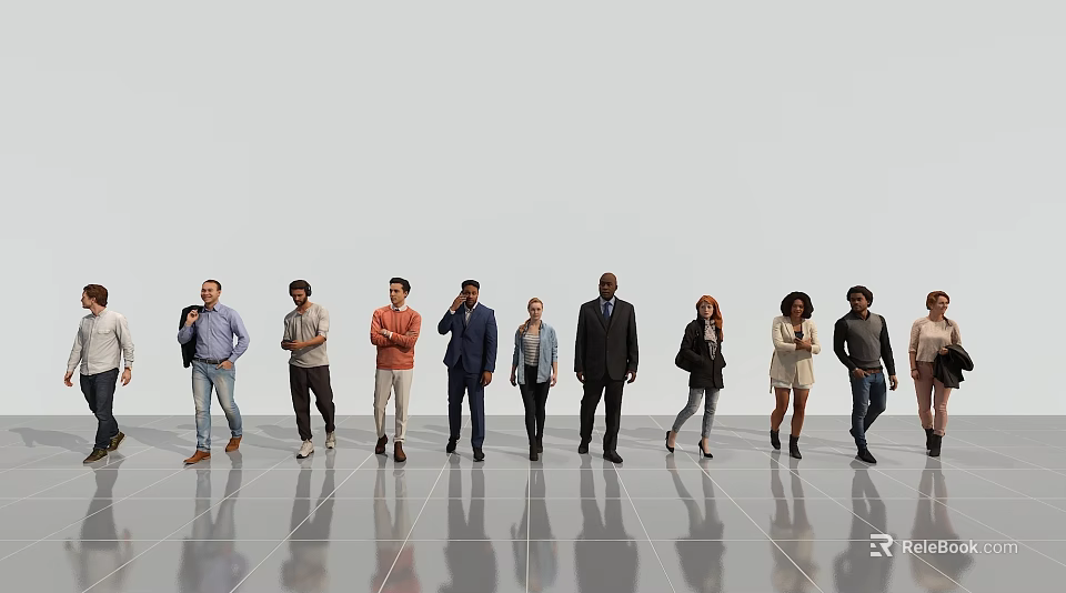 Group of Diverse People Standing on Sleek Floor with White Background Wall 3d model 