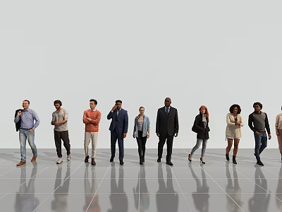 Group of Diverse People Standing on Sleek Floor with White Background Wall 3d model