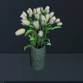 Green Textured Vase With White Tulips On Gray Surface Against Dark Background