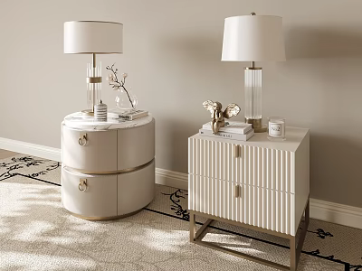 Modern Elegant Bedside Tables With Round Square Drawers Striped Design Lamps Books And Decorative Items 3d model