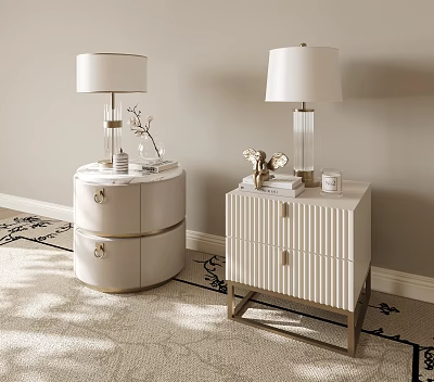 Modern Elegant Bedside Tables With Round Square Drawers Striped Design Lamps Books And Decorative Items 3d model