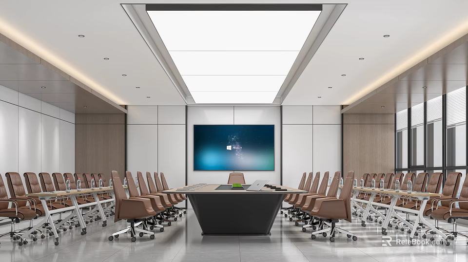 Modern Conference Room Interior With Large Table Comfortable Chairs Digital Display And Ceiling Lighting 3d model