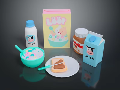 Breakfast Food Collection Featuring Milk Cereal Peanut Butter Bread And Bowl 3d model