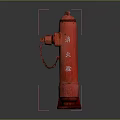 Red Fire Hydrant With Metal Construction And Chain Attachment On Gray Background
