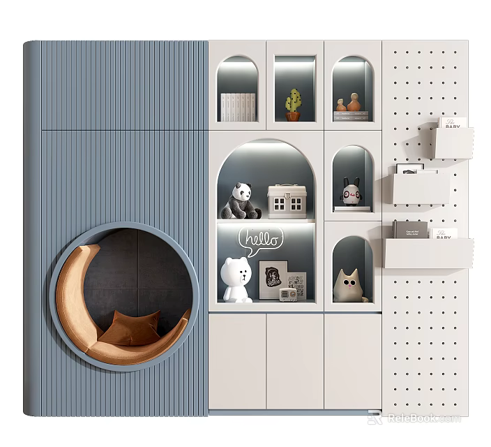Blue And White Wardrobe With Round Cat Bed Lit Display Shelves And Decorative Items 3d model 