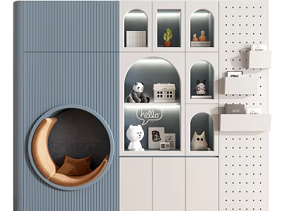 Blue And White Wardrobe With Round Cat Bed Lit Display Shelves And Decorative Items 3d model
