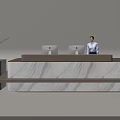 Modern Marble Reception Desk with Two Computers Receptionist in White Shirt and Decorative Vase