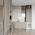 Modern Kitchen Interior With Neutral Tones Cabinets Marble Countertop And Built-in Appliances