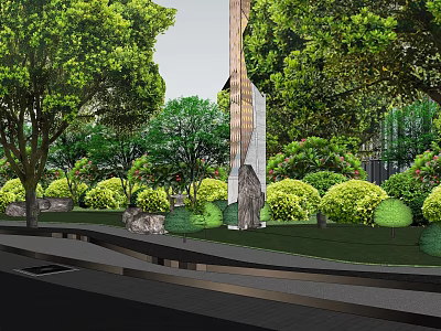 Garden Landscape Design With Tall Modern Column Green Trees Trimmed Shrubs Lawn And Paved Path 3d model