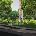 Garden Landscape Design With Tall Modern Column Green Trees Trimmed Shrubs Lawn And Paved Path