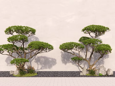 Artistic Shaped Green Arbor Trees With Stone Decor And Pebble Ground 3d model