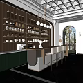 Modern Café Interior Featuring Shelves Bottles Cups Pendant Lights Bar Counter Arched Window Trees Outside