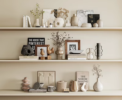 Minimalist Modern Decorative Ornament Collection With Vases Frames Books And Dried Plants On Shelves 3d model