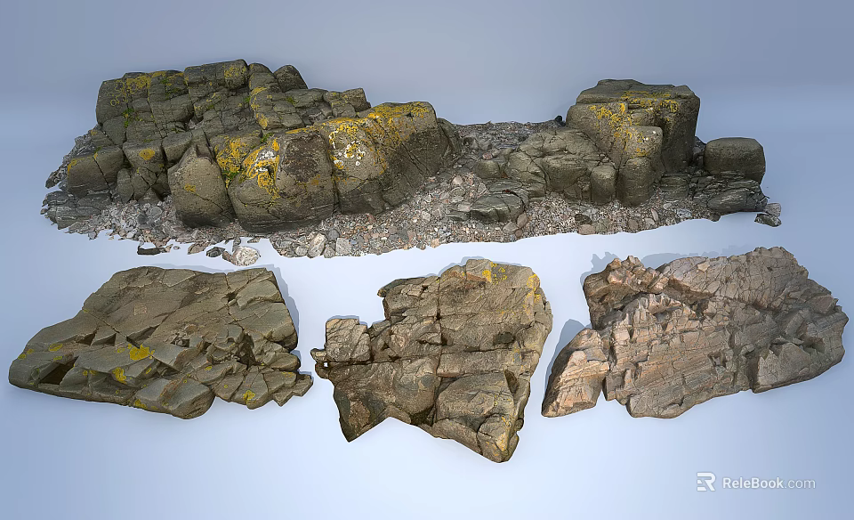 Natural Stone and Wood Decorative Elements with Mossy Textures and Gravel Accents 3d model 
