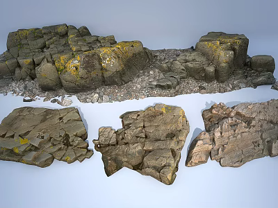 Natural Stone and Wood Decorative Elements with Mossy Textures and Gravel Accents 3d model