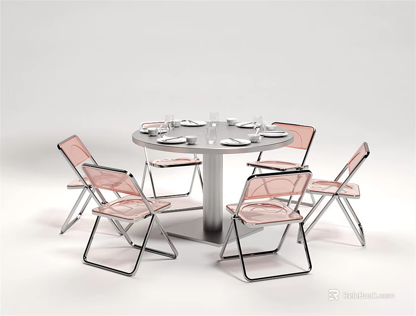 Modern Round Dining Table Set with Six Transparent Pink Chairs and Tableware Plates 3d model 