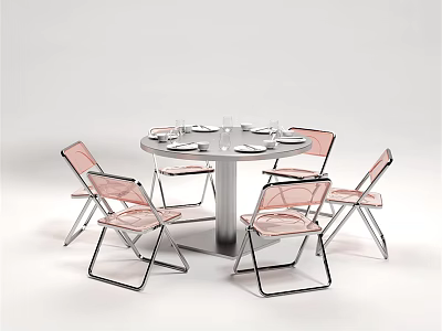 Modern Round Dining Table Set with Six Transparent Pink Chairs and Tableware Plates 3d model