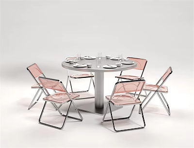 Modern Round Dining Table Set with Six Transparent Pink Chairs and Tableware Plates 3d model