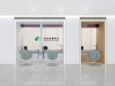 Modern Service Hall Interior With Service Windows Tables Chairs And Clean Design 3d model