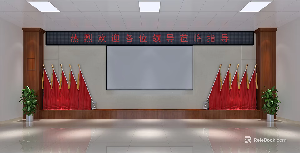 Formal Backdrop Wall With Red Welcome Text Large Screen And Red Flags For Official Gatherings 3d model 