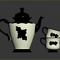 Elegant White Teapot With Gold Accents And Black Floral Pattern Cups