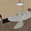 Modern Dining Table With Round White Tabletop Metal Base Two Chairs And Pendant Light 3d model