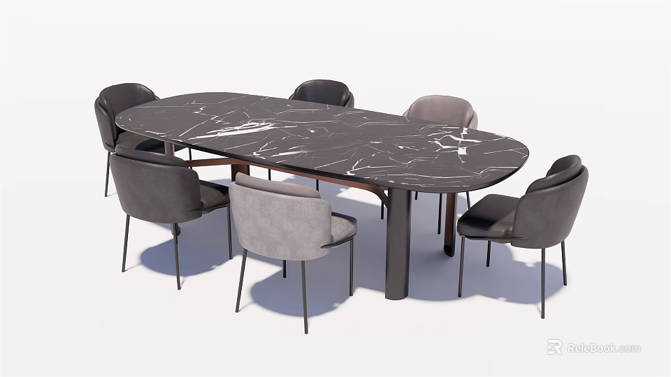 Modern Dining Table Set with Marble Top and Six Grey Dark Grey Chairs Oval Shape 3d model