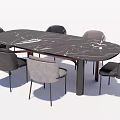 Modern Dining Table Set with Marble Top and Six Grey Dark Grey Chairs Oval Shape 3d model