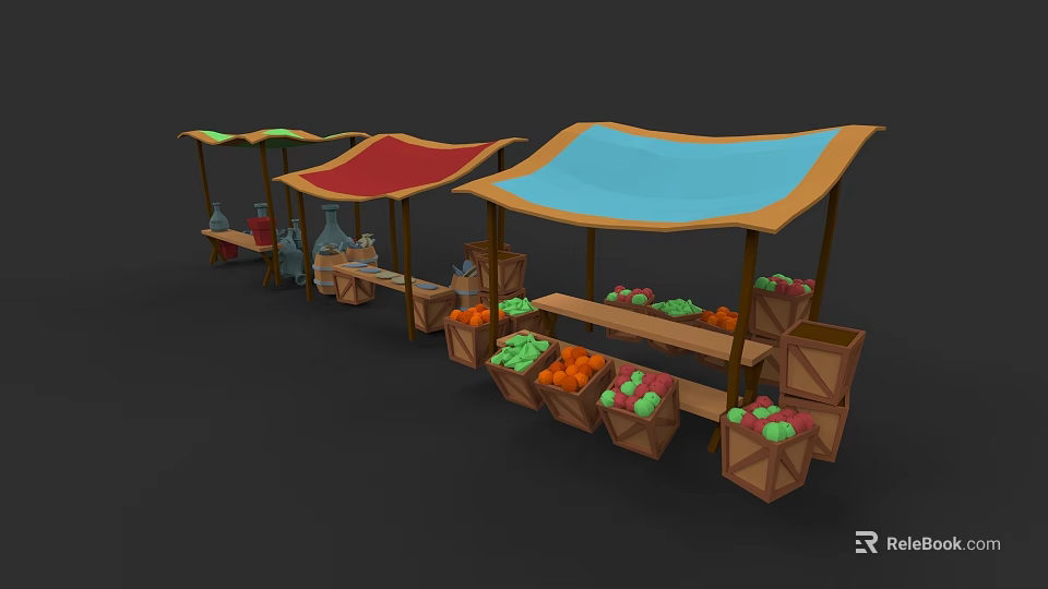 Vibrant Fresh Food Market with Colorful Canopies Fruit Vegetable Stalls and Wooden Crates 3d model 