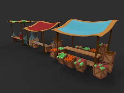 Vibrant Fresh Food Market with Colorful Canopies Fruit Vegetable Stalls and Wooden Crates 3d model