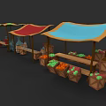 Vibrant Fresh Food Market with Colorful Canopies Fruit Vegetable Stalls and Wooden Crates