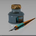 Vintage Silver Ink Bottle With Golden Cap And Wooden Fountain Pen With Turquoise Decoration