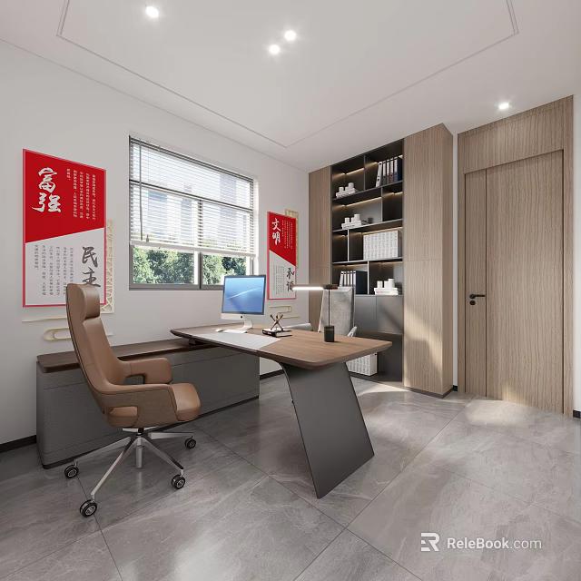 Modern Office Interior Design With Wooden Desk Ergonomic Chair Computer Bookshelf Red Posters And Window 3d model 